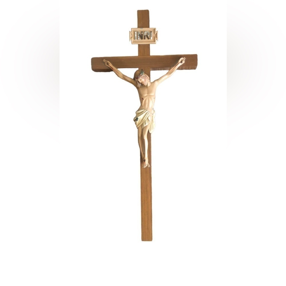 Vintage Large Crucifix Ceramic Jesus Nazareth INRI On Wood Cross Wall Hanging